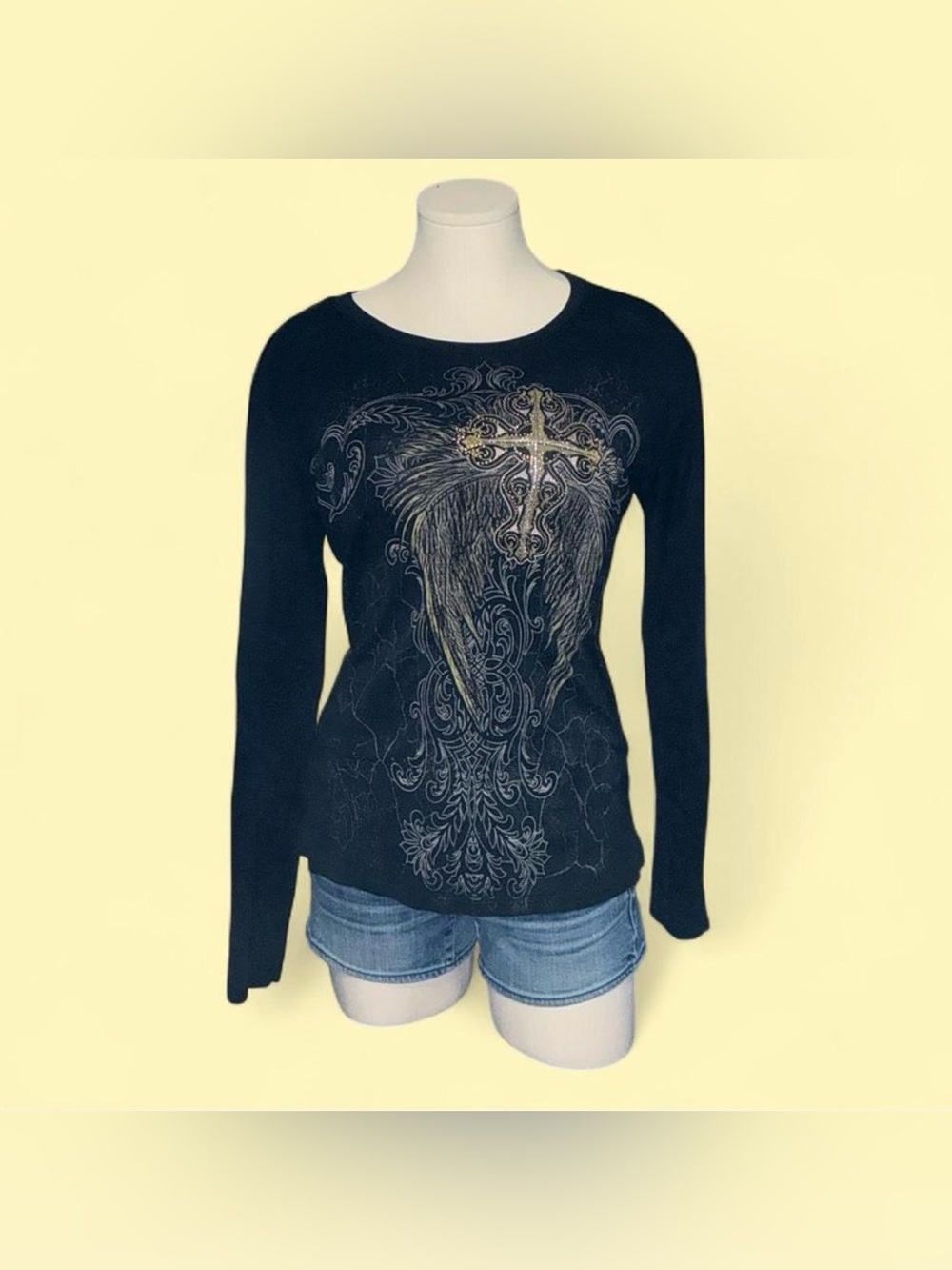 Black Long-Sleeve Graphic Tee with Metallic Cross Detail